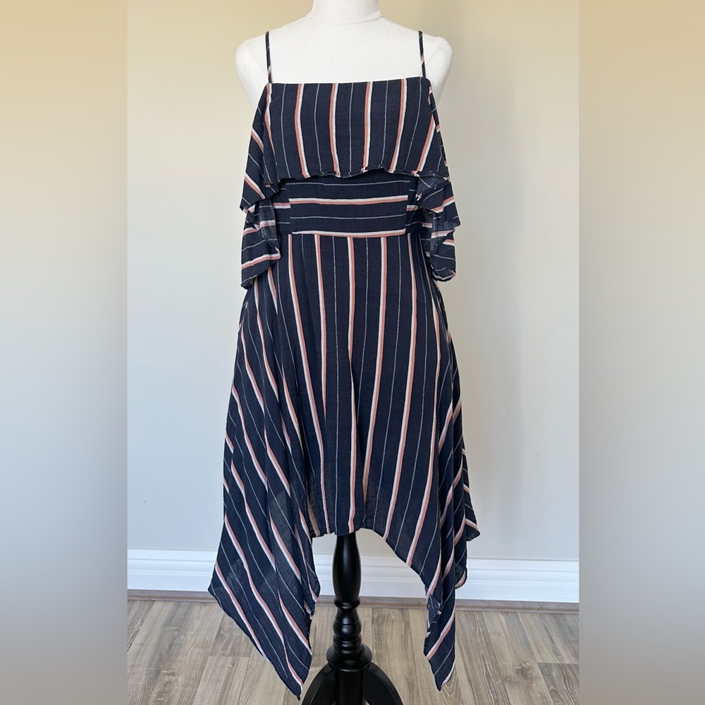 Chancery Striped Sundress with Asymmetrical Hem Cold Shoulder Sleeves - Size 12 - Picture 1 of 7